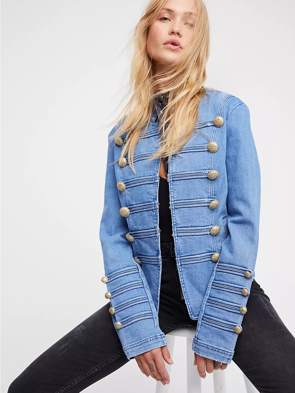 Free People Fitted Military Denim Jacket Sz L